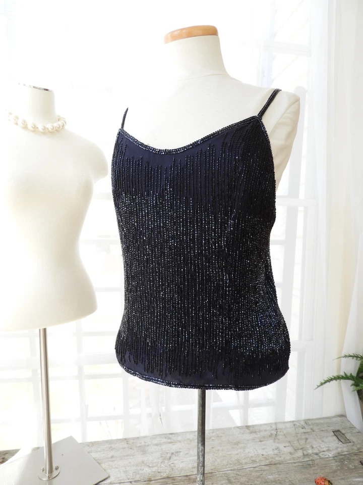 Abito Vintage Adrianna Papell Blu Navy Seta Perline 3 pz Madre della Sposa Tg M - Immagine 3 di 4