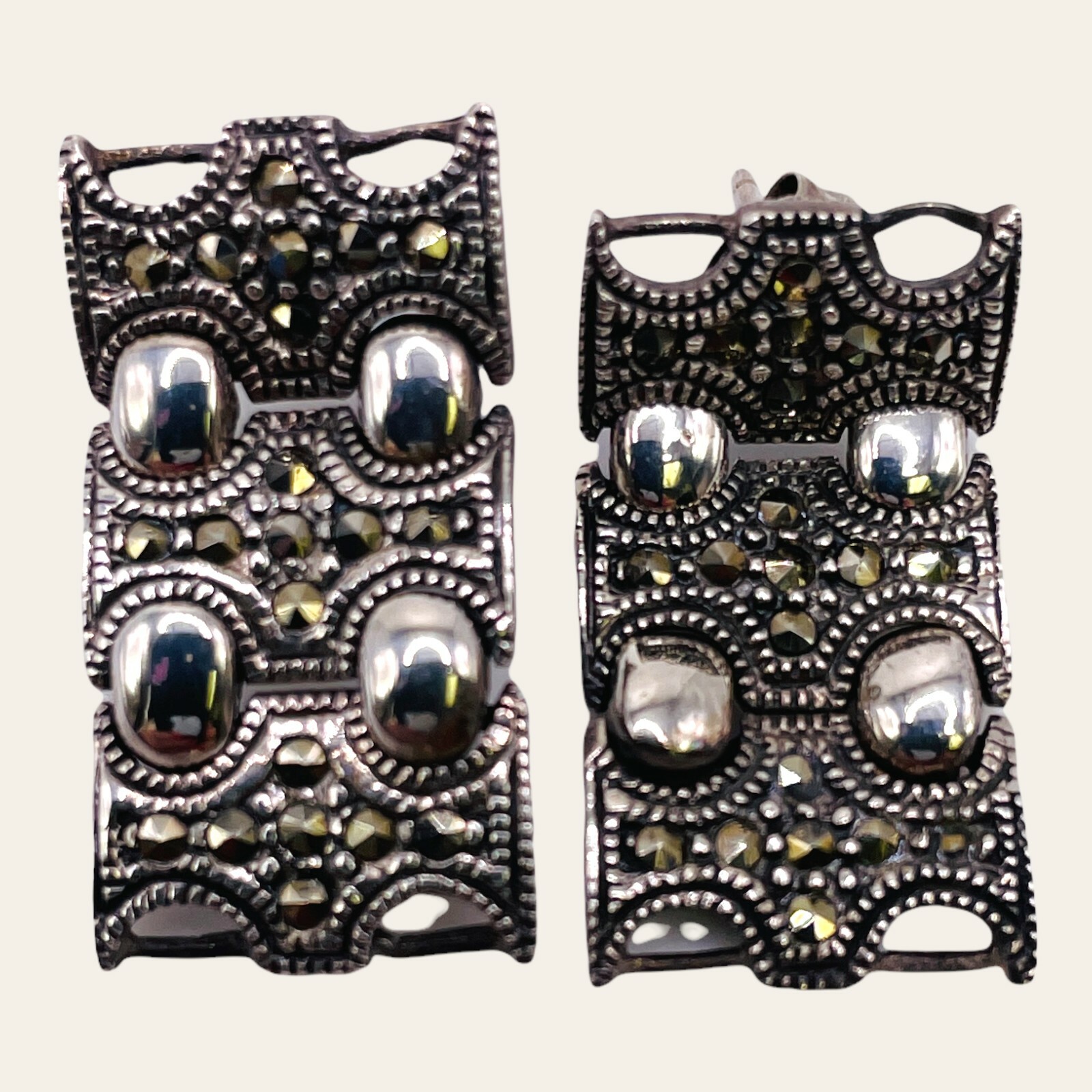 925 Sterling Silver Large Rectangular Marcasite P… - image 2