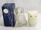 2 Vintage Avon Owl Bottle Moon wind Frosted & White Milk Glass Animal Figurine