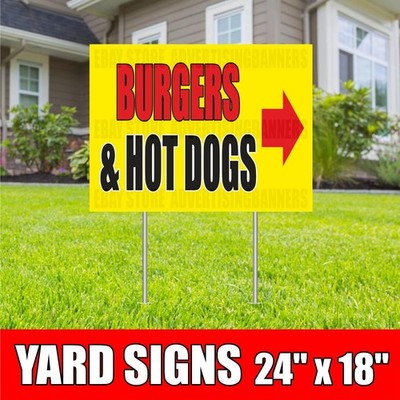 BURGERS HOT DOGS Yard Sign with H-Stakes sausages street food bar Salads Cafe