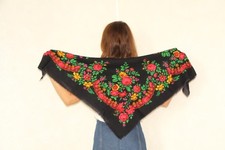 Black wool shawl with floral, Ukrainian vintage scarf, Babushka head scarf Retro