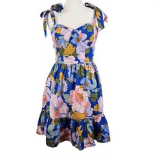 Floral Mini Short XS Blue Strappy Sweetheart Neck Smocked Pockets Summer