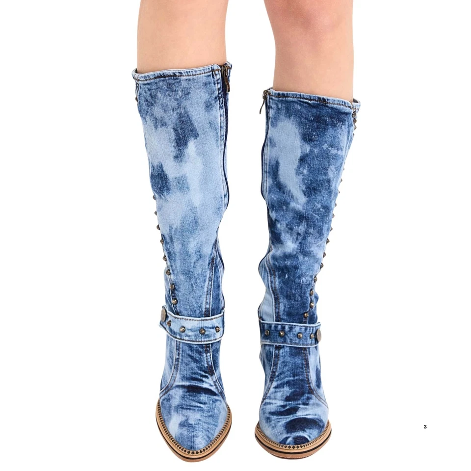 Cowboy Denim Boots, Handmade Women's Sports Boots, Blue Women's Boots, Heeled B - Image 4 of 4