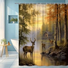 Deer Forest Shower Curtain with Scenic Landscape