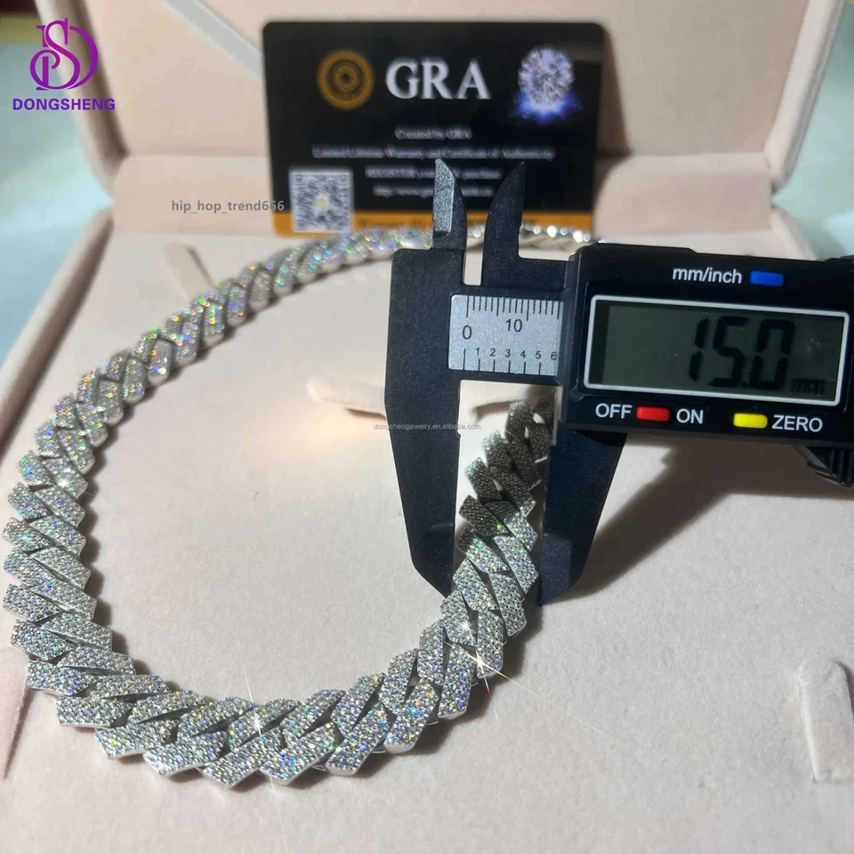 Colar de prata esterlina 925 sólido MOISSANITE gelado corrente de elos cubana Miami real - Imagem 3 de 4