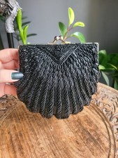 La Regale Black Beaded Clamshell Clutch Evening Bag Satin Formal Vintage