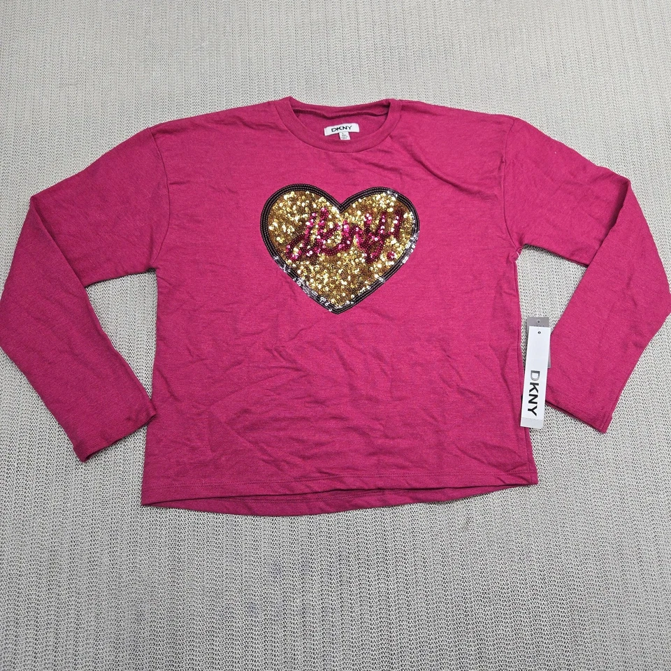 DKNY Shirt Girls Large 12 Pink Long Sleeve Sequin Heart Graphic New With Tags - Image 2 of 4