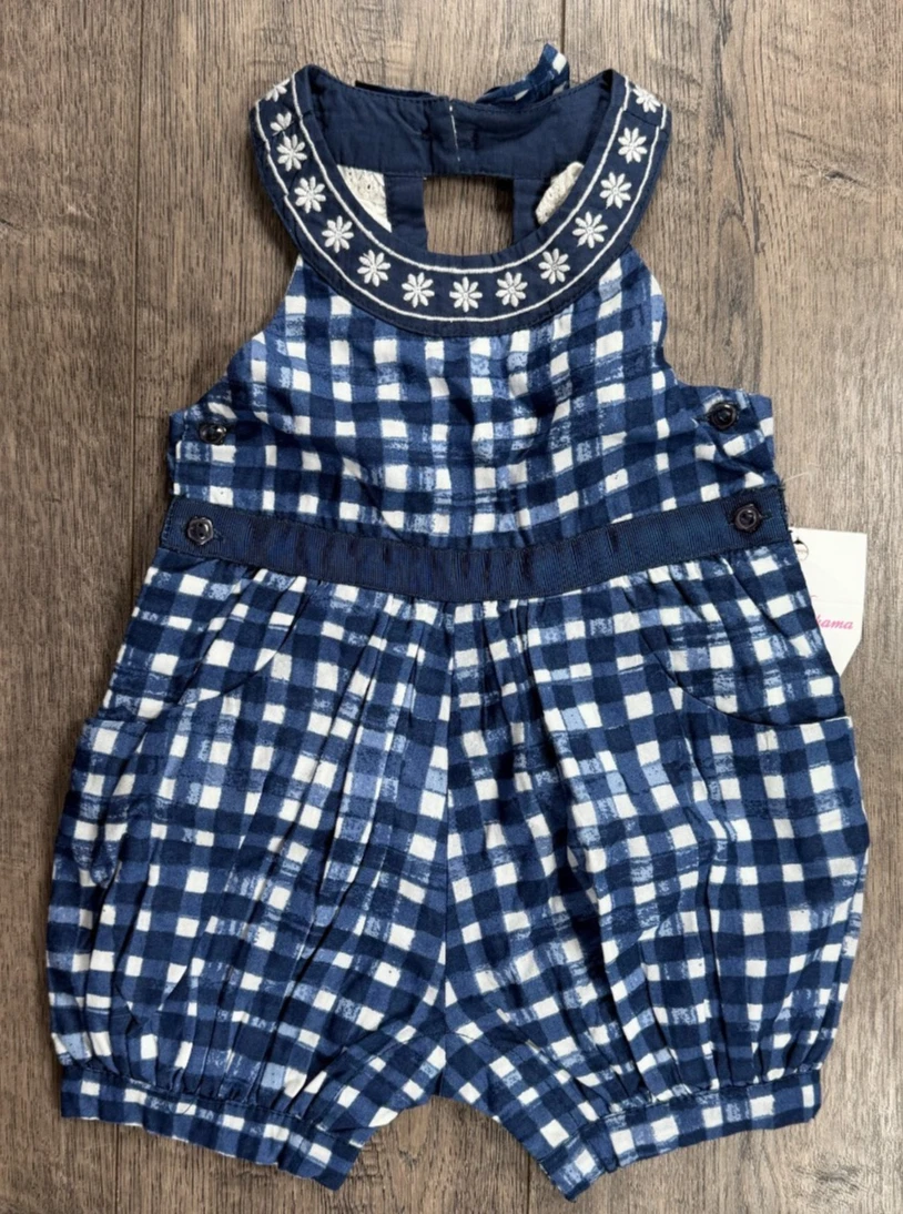 Baby Girl Clothes New Tommy Bahama 3-6 Month Blue Check Lace Romper Outfit