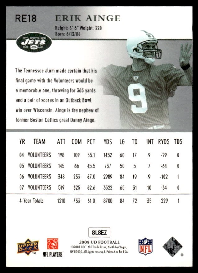 2008 Upper Deck Rookie Exclusives Erik Ainge - Image 2 of 2