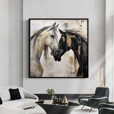 Hand-Painted Abstract Animal Horses Painting Texture Canvas Wall Art Modern Blac