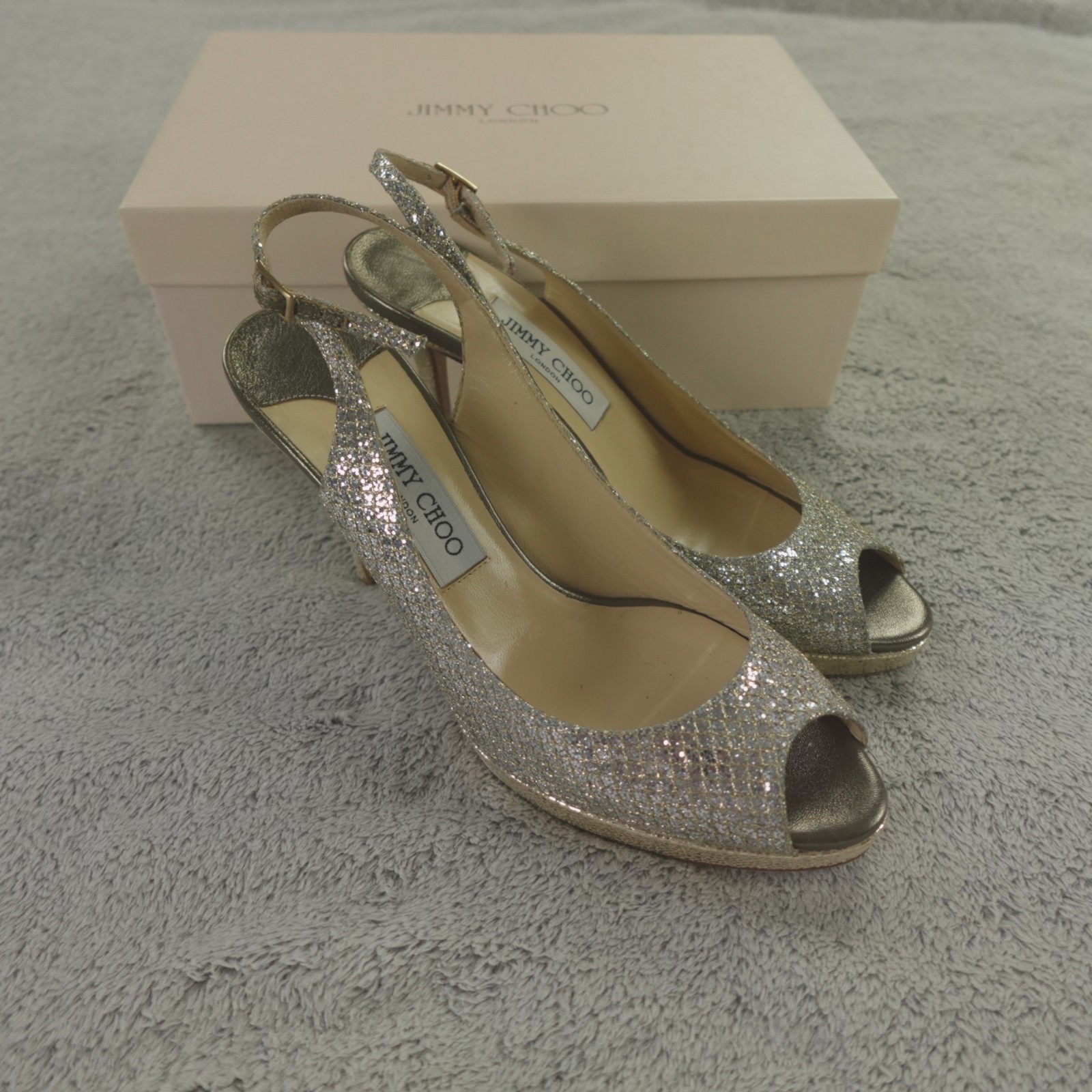 Jimmy Choo Heels Womens 39 9 US Champagne Glitter Nova 247 100 mm Sling Pumps