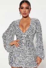 New Fashion Nova Mini Dress Women L Gray Short V-Neck Zipper Sequin Lined