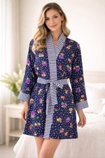 Victoria's Secret Vintage Gold Label Navy Floral Stripe Polka Dot Robe One Size