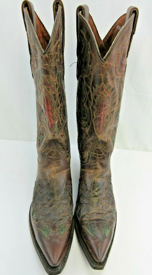 Dan Post Brown Distressed Leather Western Boots, Overlay Design, DP3411, 7 1/2 M - Image 2 of 4