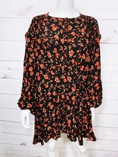 Free People Womens Mini Dress Size M Black & Orange Floral Button Front