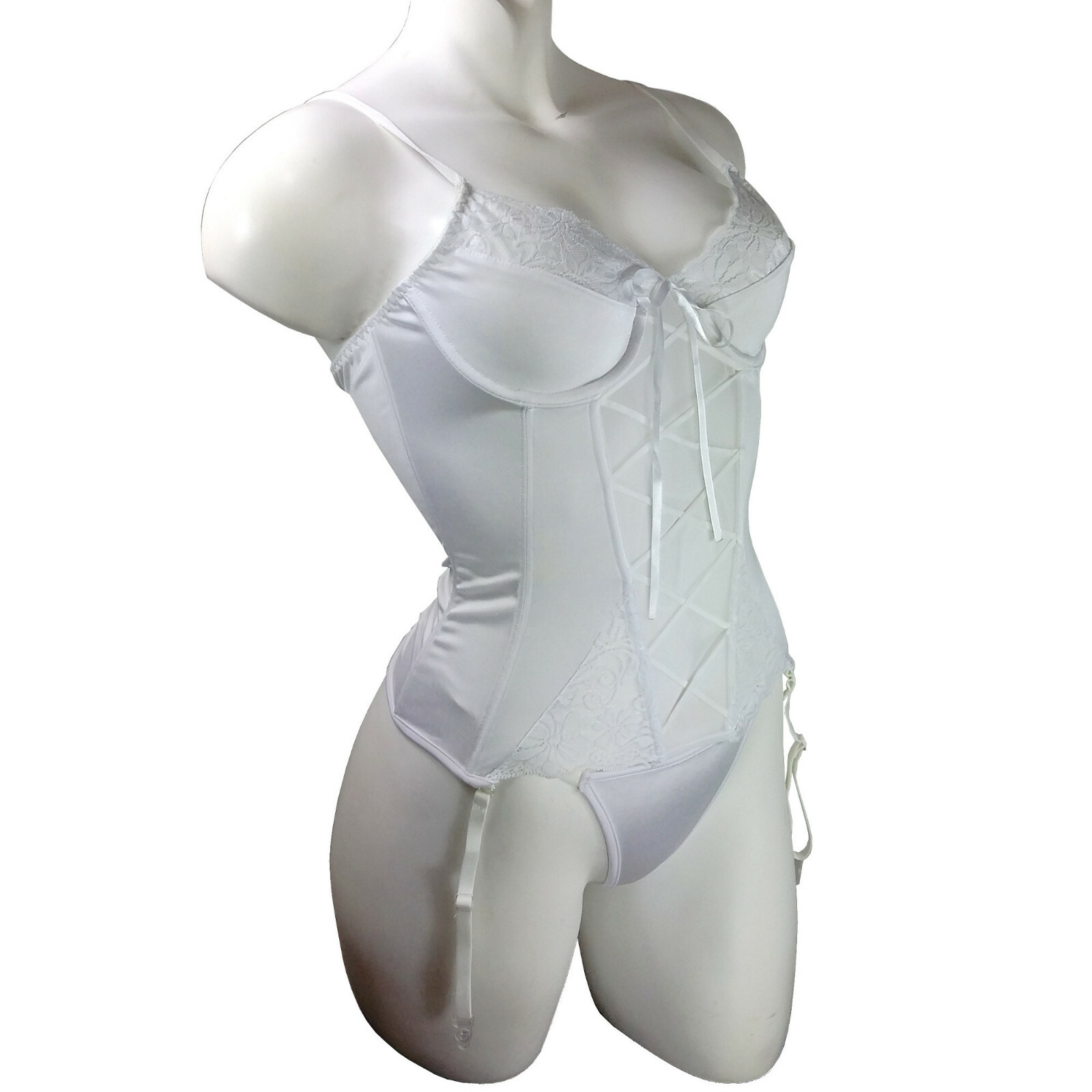 White Boned Satin u0026 Lace Corset w/ Garter straps, Underwire Bra u0026 G-String  | eBay