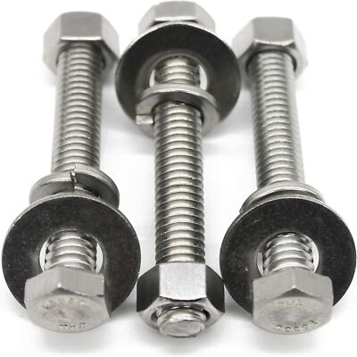 (5 Sets) 3/8-16x3 Stainless Steel Hex Head Screws Bolts, Nuts, Flat & Lock Wa...