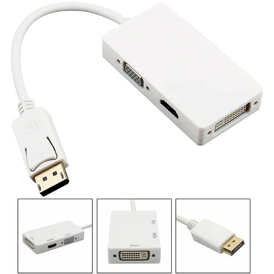 DisplayPort auf HDMI DVI VGA Adapter DP Konverter 3in1 1080p weiß - Bild 2 von 4