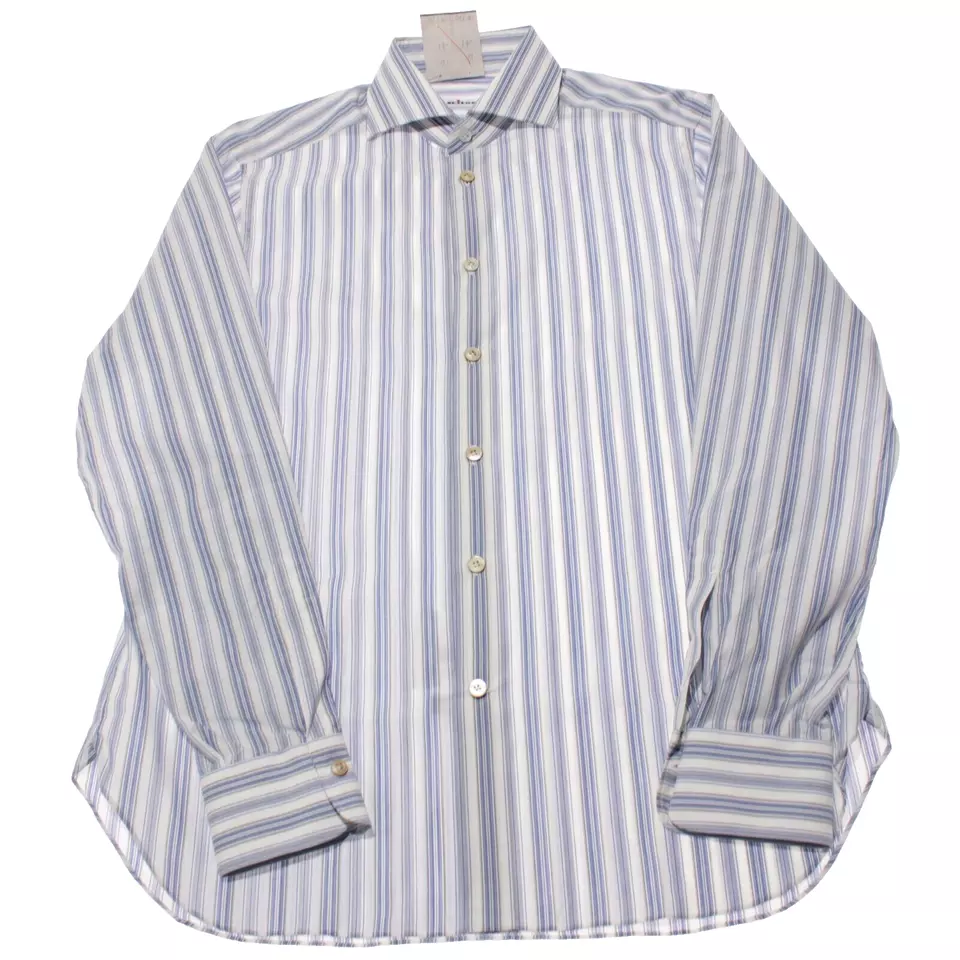 Camisa social Kiton nova sem etiquetas tamanho 41 16 em listras azuis/brancas/pretas 100% algodão - Imagem 3 de 4