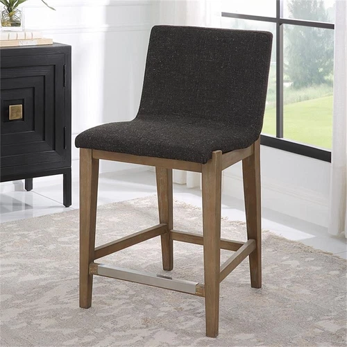 Uttermost Klemens 26" Farmhouse Fabric & Wood Counter Stool in Charcoal/Walnut - Picture 2 of 7