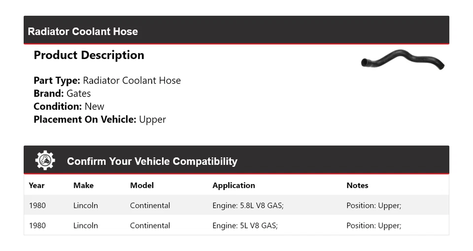 Manguera de refrigerante de radiador Lincoln Continental 1980 puertas superiores Foto 2 de 4