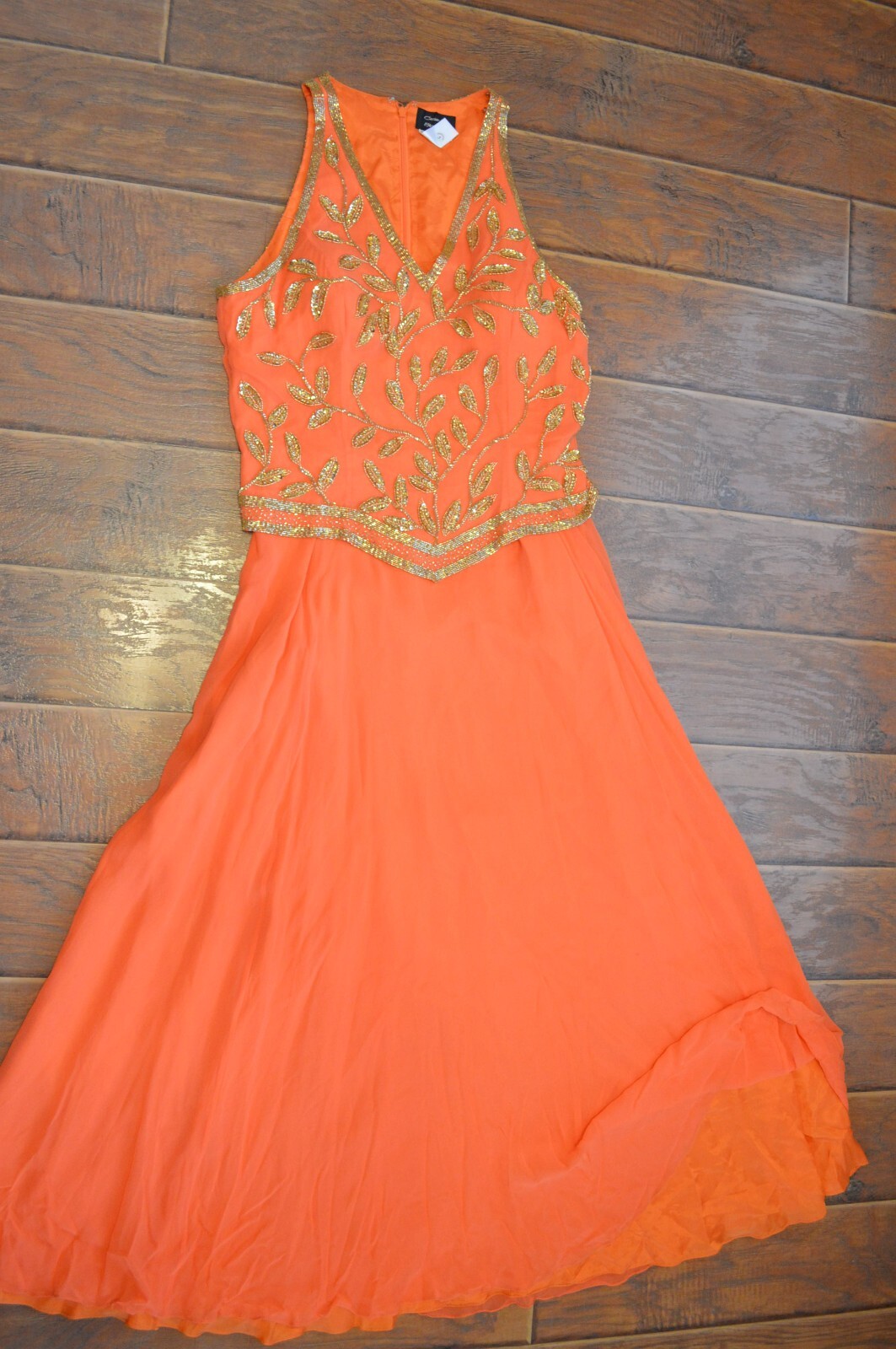 vtg Cassandra Stone II Orange Beaded Dress,Gown,Party,Silk,Gold Beads/Sequins,14