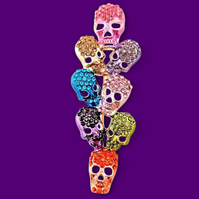 RAINBOW SKULLS BROOCH colorful crystal Halloween Dia de los Muertos punk pin 5F