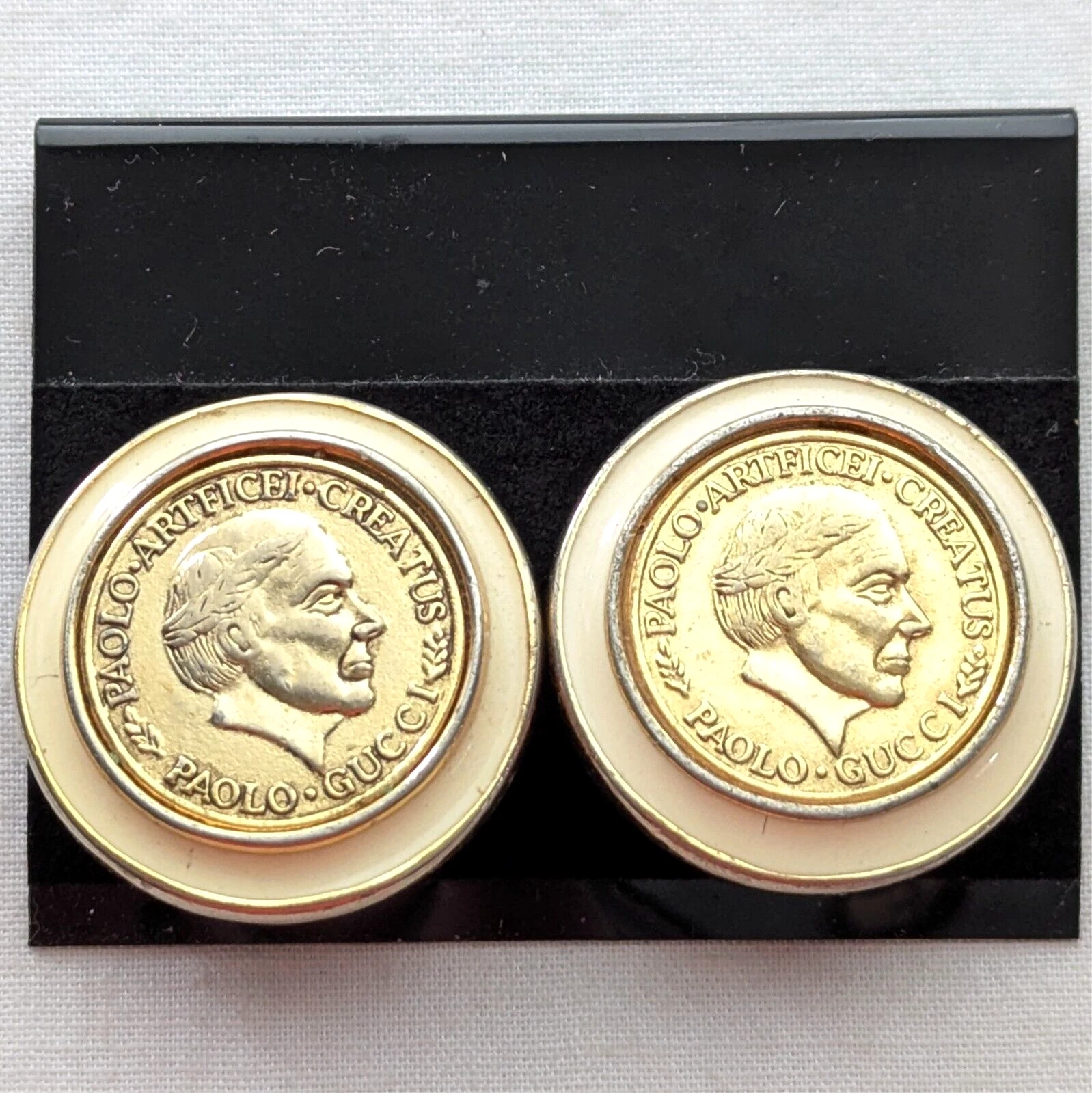 Boucles d'oreilles clips Paolo Gucci monnaie romaine étrusque signé bijou vintage