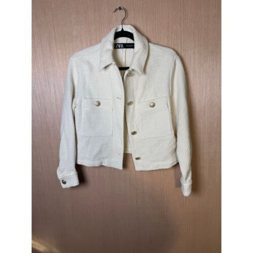 Zara textured tweed cropped gold button blazer jacket