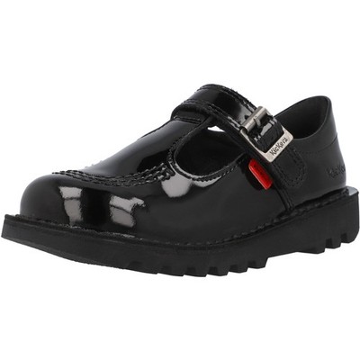 Kickers Kick T Black Patent School Shoes T-Bar Hook & Loop Strap Leather