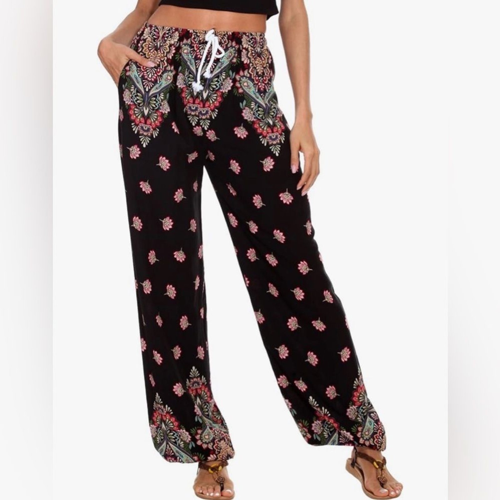 Urban CoCo Harem Beach Vacation Pants in Black/Multi