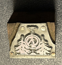 Camp fire between two evergreens | vintage letterpress printing block