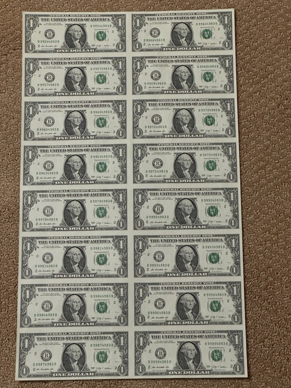 2009 $1 Federal Reserve Note Uncut Sheet - 16 Notes, Uncertified