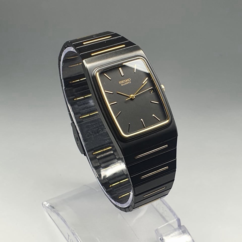 Neo Vintage Seiko Quartz Watch Tank Black Gold Tone Thin New