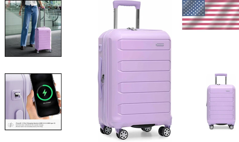 Equipaje de mano rígido ligero de lavanda de 22" con capacidad expandible y bloqueo TSA Foto 2 de 4