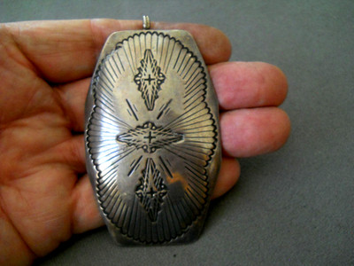 R.A.L. &  YELLOWHORSE Native American Navajo Sterling Silver Chased Hook Pendant
