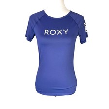 ROXY Youth Girls L Blue UPF 50 Short Sleeve Logo Swimsuit Surf Top Rashguard
