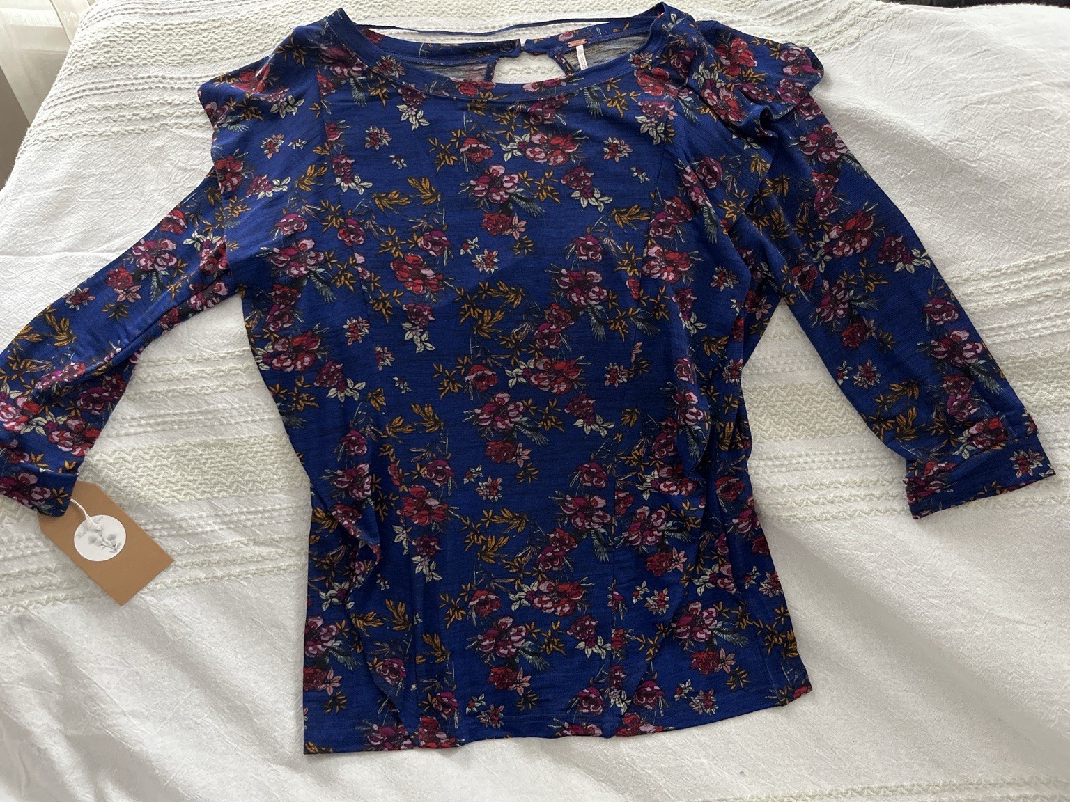 Free People Blue Floral Ruffle Top Women Large NWOT Boho Bell Sleeve Blouse
