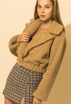 HYFVE Teddy Bear Sherpa Faux Fur Cropped Jacket Coat Women's Large Mustard Boho