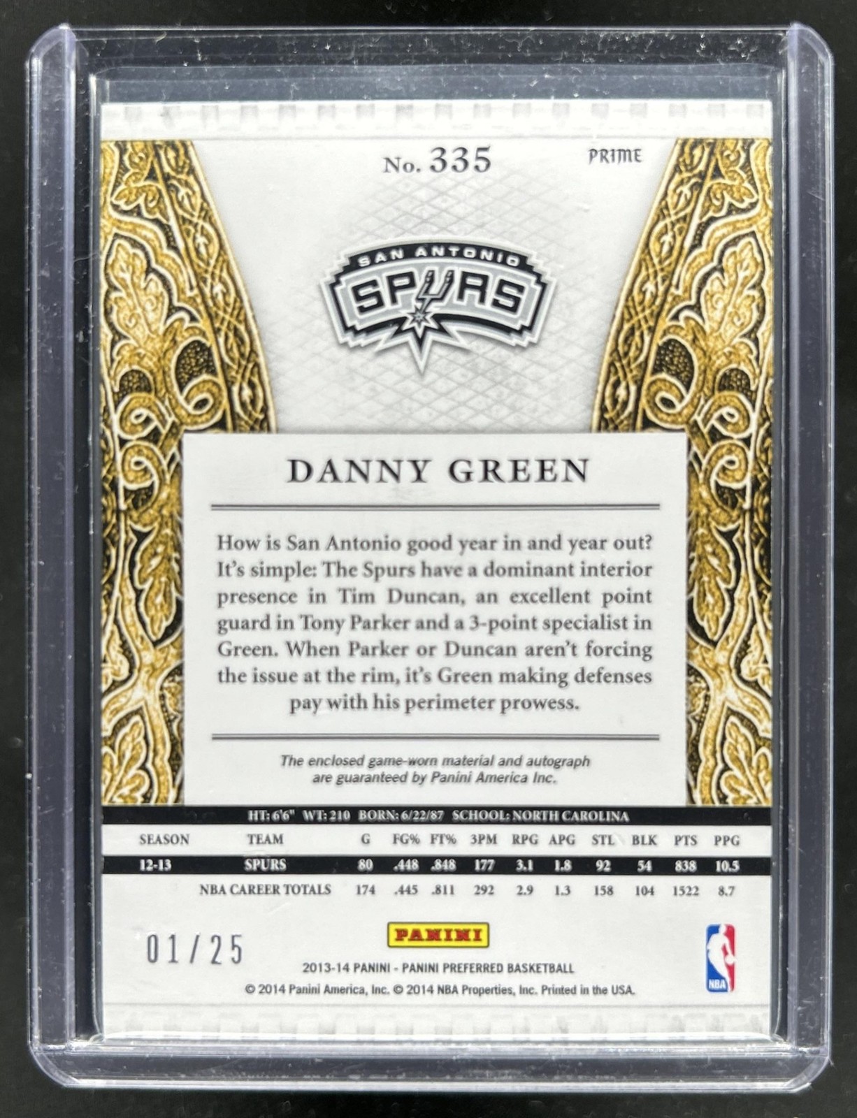 2013-14 Panini Preferred Danny Green Patch Silhouettes Prime Auto #/25 Spurs view 2
