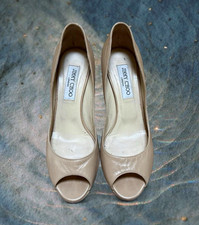 Jimmy Choo Beige Leather Peep Toe Platform Stiletto Slip-On Pumps US 8