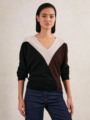 Reiss Damen V-Ausschnitt Langarm Colour Block Pullover in Mehrfarbig