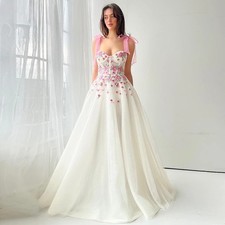 Romantic Pink Flower A-line Wedding Dress Bow Straps Sweetheart Floor-length