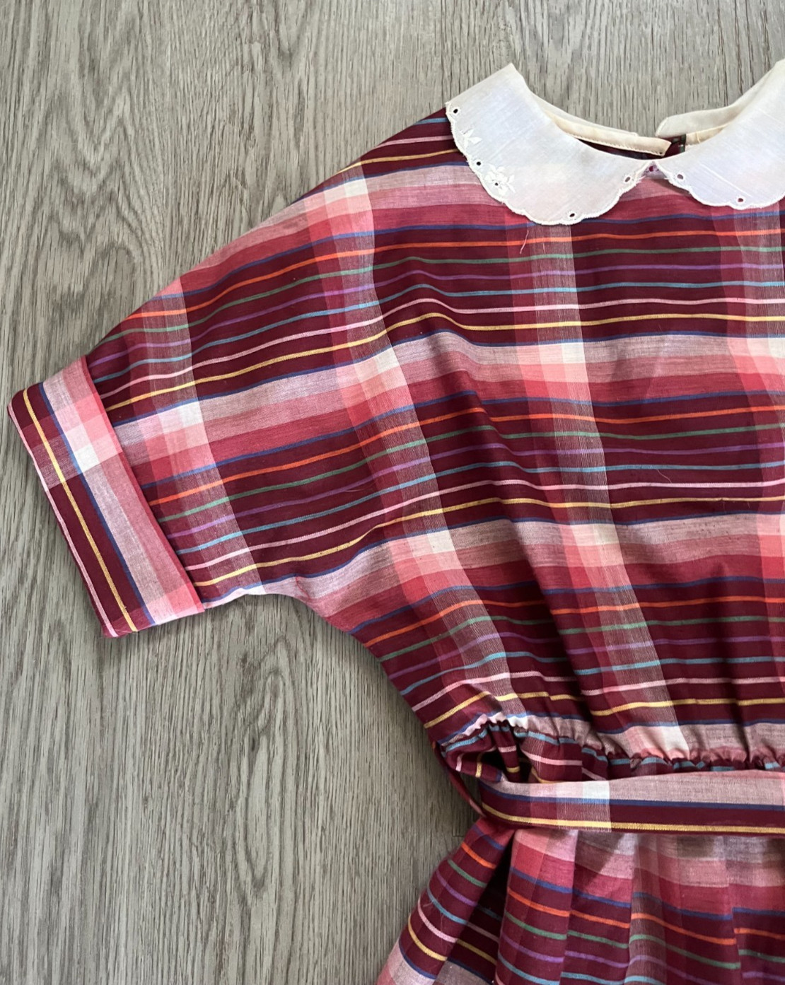 Vintage 1950/60's Maroon Plaid Mini Dress Retro Academia Size S Peter Pan Collar