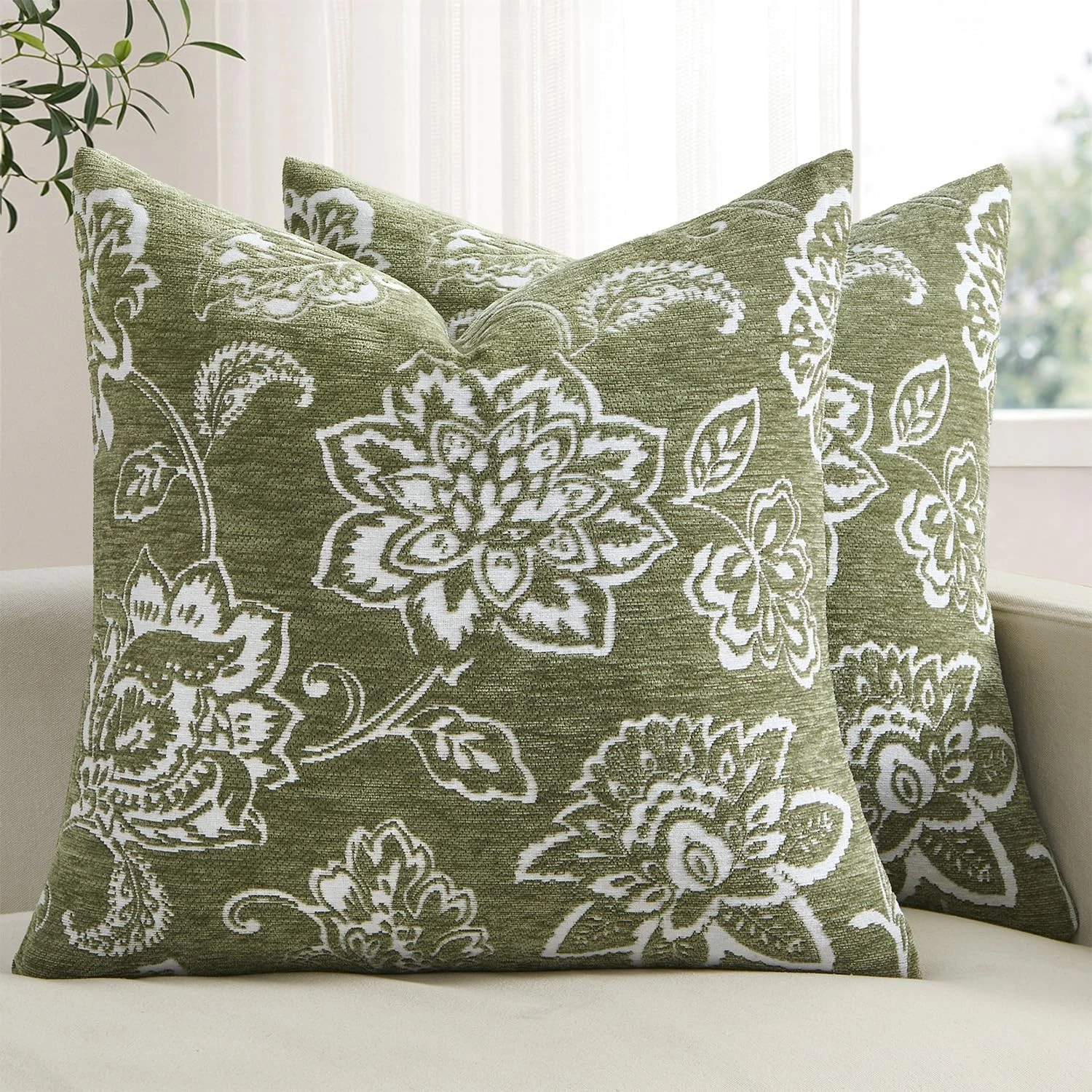 Set of 2 Vintage Decorative Floral Pillow Covers Boho Farmhouse Chenille Cush...