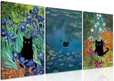 Monet Wall Art Set of 3 - Funny Cat in Water Lilies Canvas Paintings Prints, ...