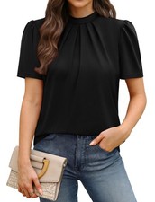 Womens Tops Short Sleeve Shirts Mock Neck Pleated Blouses Large, 01 - Black 
