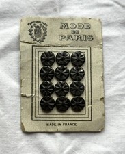 Vintage Mode de Paris Buttons On Card Made In France 12 Black Carved Design