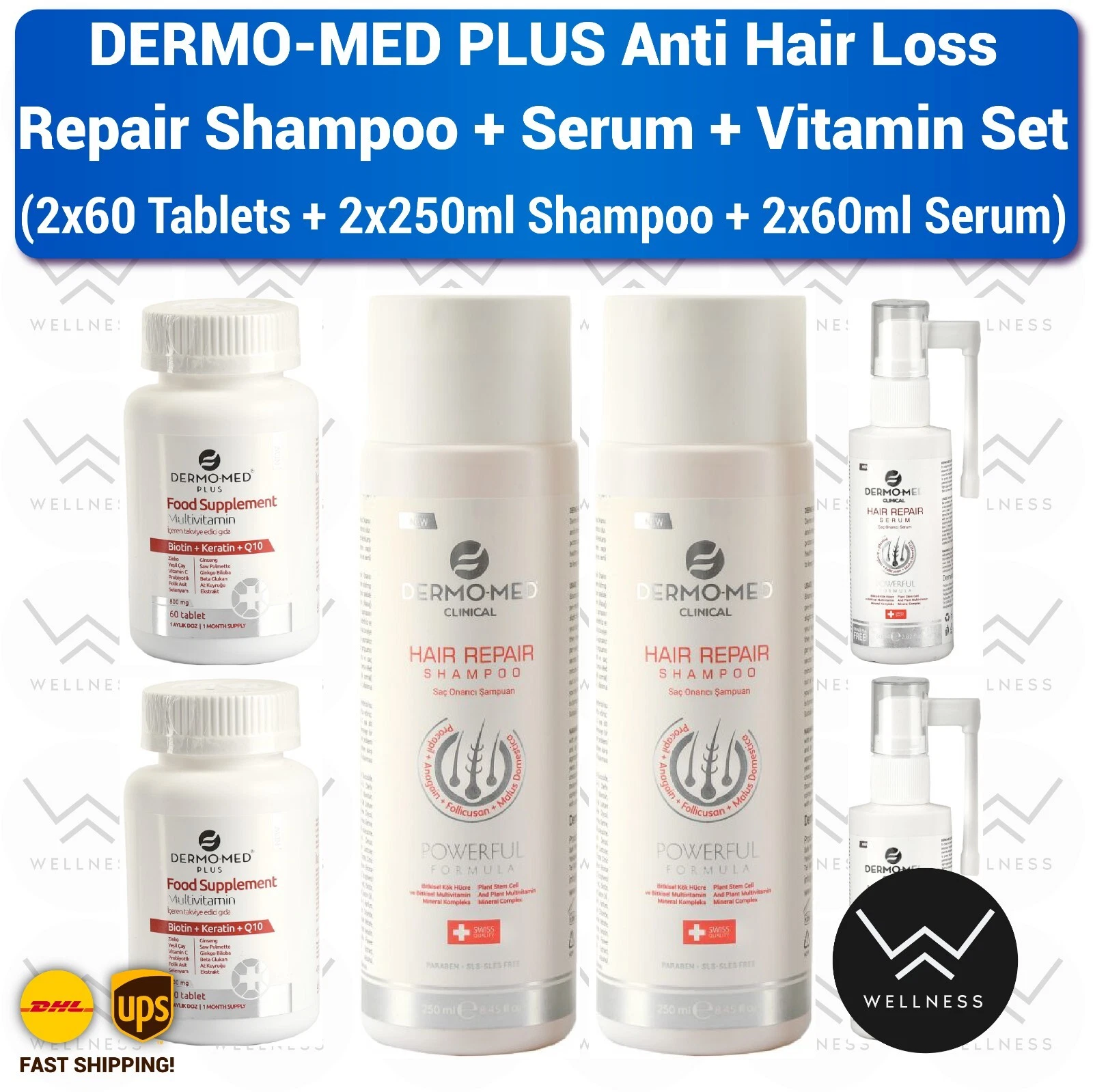 Dermomed Clinical Shampoo Serum and Multivitamin Set 2×(250ml 60ml 60 Tablets)