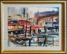 Maurice Logan (1886 - 1977) - Original Watercolor Painting - California  Docks